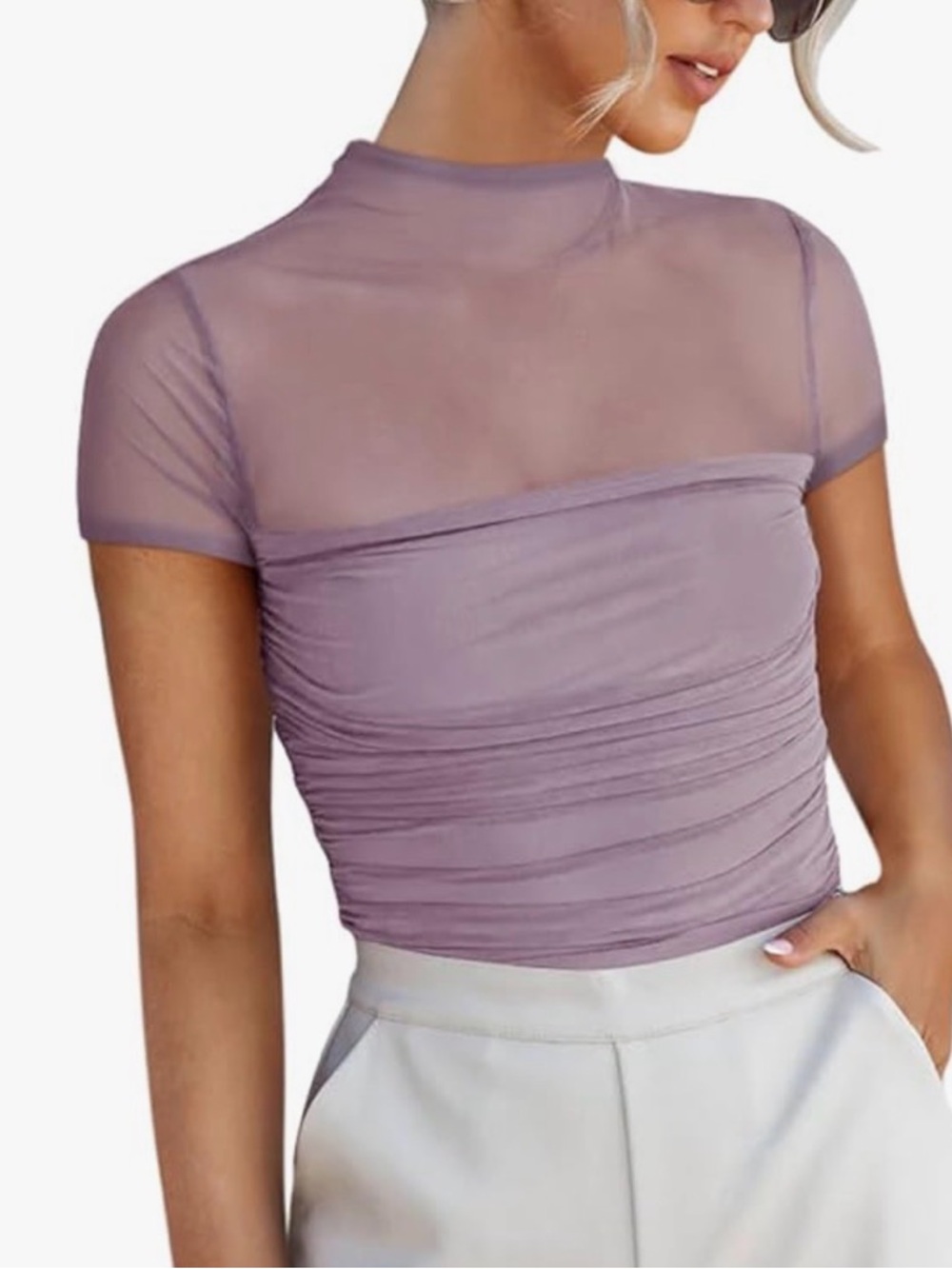 NWT-ReoRia Lavender Sheer Mock Neck Ruched Bodysuit - Picture 3 of 5